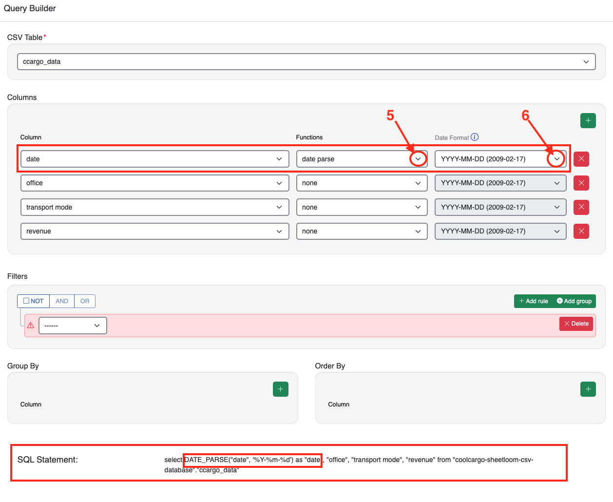 query builder date parse