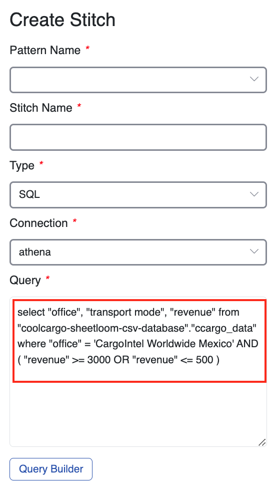 query builder query in stitch panel